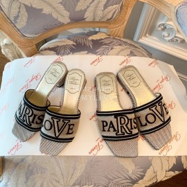 Roger Vivier Summer Embroidered Canvas Leather High Heel Slippers