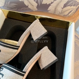 Roger Vivier Summer Embroidered Canvas Leather High Heel Slippers