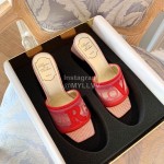 Roger Vivier Summer Embroidered Canvas Leather High Heel Slippers Red