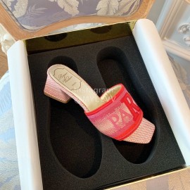 Roger Vivier Summer Embroidered Canvas Leather High Heel Slippers Red