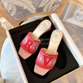 Roger Vivier Summer Embroidered Canvas Leather High Heel Slippers Red