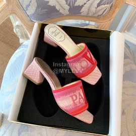 Roger Vivier Summer Embroidered Canvas Leather High Heel Slippers Red