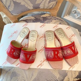 Roger Vivier Summer Embroidered Canvas Leather High Heel Slippers Red