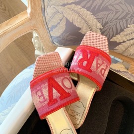 Roger Vivier Summer Embroidered Canvas Leather High Heel Slippers Red