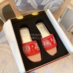 Roger Vivier Summer Embroidered Canvas Leather Flat Heel Slippers Red