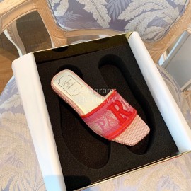 Roger Vivier Summer Embroidered Canvas Leather Flat Heel Slippers Red