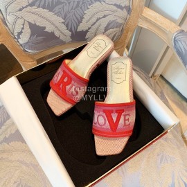 Roger Vivier Summer Embroidered Canvas Leather Flat Heel Slippers Red