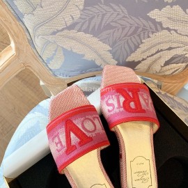 Roger Vivier Summer Embroidered Canvas Leather Flat Heel Slippers Red