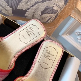 Roger Vivier Summer Embroidered Canvas Leather Flat Heel Slippers Red