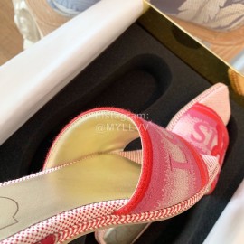 Roger Vivier Summer Embroidered Canvas Leather Flat Heel Slippers Red