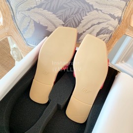 Roger Vivier Summer Embroidered Canvas Leather Flat Heel Slippers Red