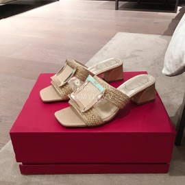 Roger Vivier Fashion Gold Square Button Woven High Heel Slippers