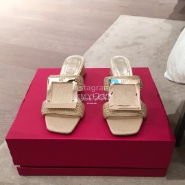 Roger Vivier Fashion Gold Square Button Woven High Heel Slippers
