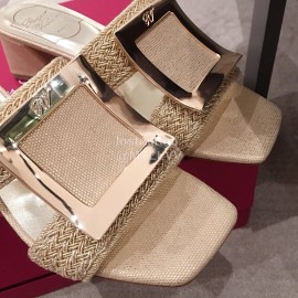Roger Vivier Fashion Gold Square Button Woven High Heel Slippers