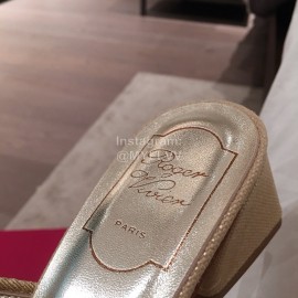 Roger Vivier Fashion Gold Square Button Woven High Heel Slippers