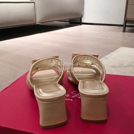 Roger Vivier Fashion Gold Square Button Woven High Heel Slippers