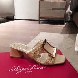 Roger Vivier Fashion Gold Square Button Woven High Heel Slippers