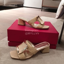 Roger Vivier Fashion Gold Square Button Woven High Heel Slippers