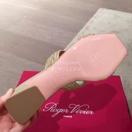 Roger Vivier Fashion Gold Square Button Woven High Heel Slippers