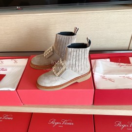 Roger Vivier Fashion Square Crystal Buckle Cowhide Short Boots For Women Gray