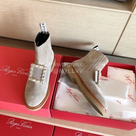 Roger Vivier Fashion Square Crystal Buckle Cowhide Short Boots For Women Gray