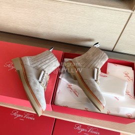 Roger Vivier Fashion Square Crystal Buckle Cowhide Short Boots For Women Gray