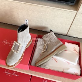 Roger Vivier Fashion Square Crystal Buckle Cowhide Short Boots For Women Gray