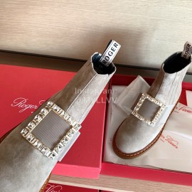 Roger Vivier Fashion Square Crystal Buckle Cowhide Short Boots For Women Gray