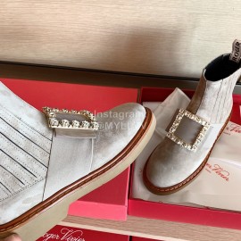 Roger Vivier Fashion Square Crystal Buckle Cowhide Short Boots For Women Gray