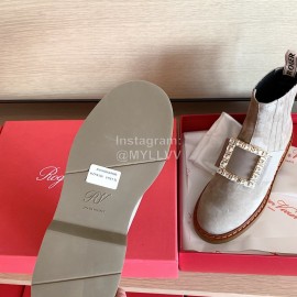 Roger Vivier Fashion Square Crystal Buckle Cowhide Short Boots For Women Gray