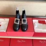 Roger Vivier Fashion Square Crystal Buckle Cowhide Short Boots For Women Black