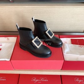 Roger Vivier Fashion Square Crystal Buckle Cowhide Short Boots For Women Black