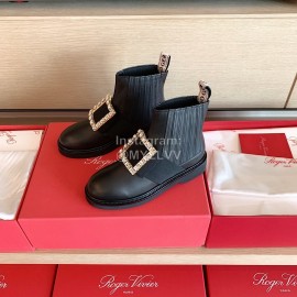 Roger Vivier Fashion Square Crystal Buckle Cowhide Short Boots For Women Black