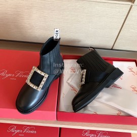 Roger Vivier Fashion Square Crystal Buckle Cowhide Short Boots For Women Black