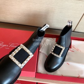 Roger Vivier Fashion Square Crystal Buckle Cowhide Short Boots For Women Black