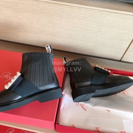 Roger Vivier Fashion Square Crystal Buckle Cowhide Short Boots For Women Black