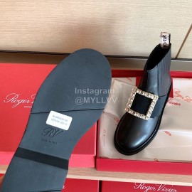 Roger Vivier Fashion Square Crystal Buckle Cowhide Short Boots For Women Black