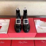 Roger Vivier Fashion Square Buckle Patent Leather Short Boots For Women Black