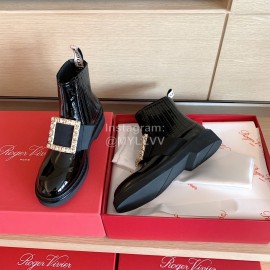 Roger Vivier Fashion Square Buckle Patent Leather Short Boots For Women Black