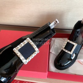 Roger Vivier Fashion Square Buckle Patent Leather Short Boots For Women Black