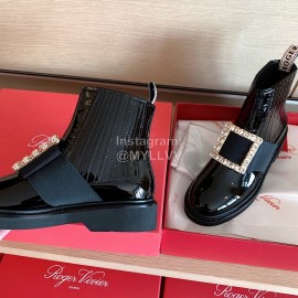 Roger Vivier Fashion Square Buckle Patent Leather Short Boots For Women Black