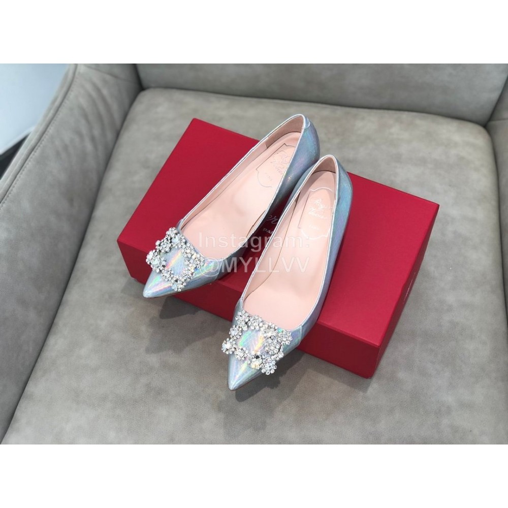 Roger Vivier Spring Summer Crystal Buckle Sheepskin Pointed High Heels Blue