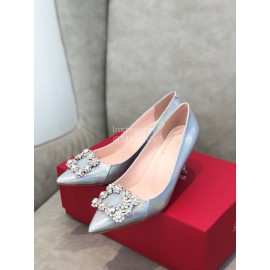 Roger Vivier Spring Summer Crystal Buckle Sheepskin Pointed High Heels Blue