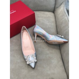 Roger Vivier Spring Summer Crystal Buckle Sheepskin Pointed High Heels Blue
