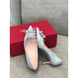 Roger Vivier Spring Summer Crystal Buckle Sheepskin Pointed High Heels Blue