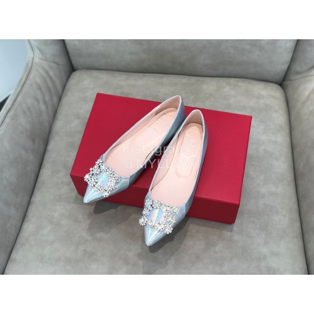 Roger Vivier Spring Summer Crystal Buckle Sheepskin Pointed Flat Heels Blue