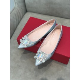 Roger Vivier Spring Summer Crystal Buckle Sheepskin Pointed Flat Heels Blue