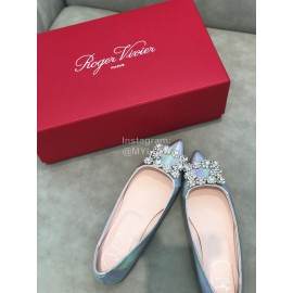 Roger Vivier Spring Summer Crystal Buckle Sheepskin Pointed Flat Heels Blue