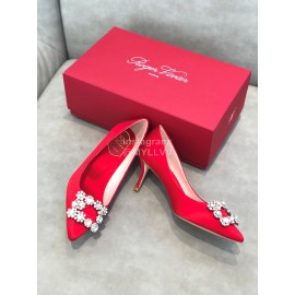 Roger Vivier Spring Summer Crystal Buckle Sheepskin Pointed High Heels Red