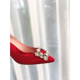Roger Vivier Spring Summer Crystal Buckle Sheepskin Pointed High Heels Red